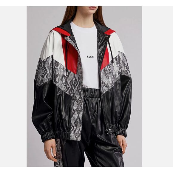 MSGM Faux Leather Sz 10 Large Snake Print Bomber Jacket IT 44 Black Red Designer - Picture 4 of 12